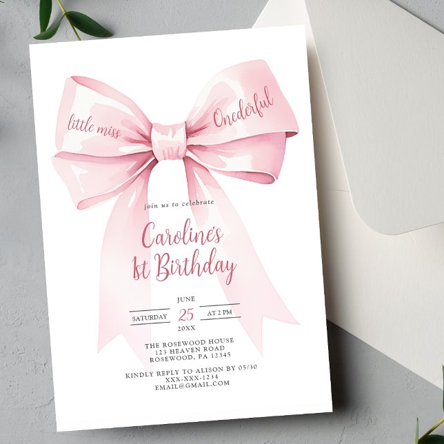 Pink Bow Girl 1st Birthday Invitation (Creator Uploaded)