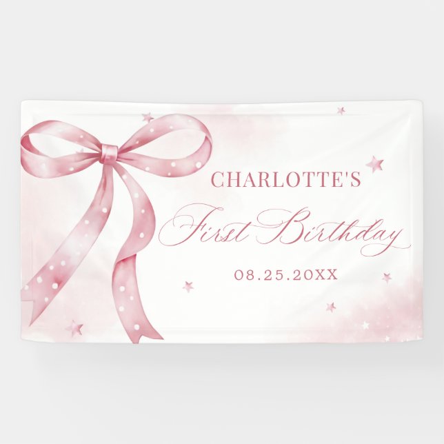 Pink Bow Girl 1st Birthday Party Banner (Horizontal)