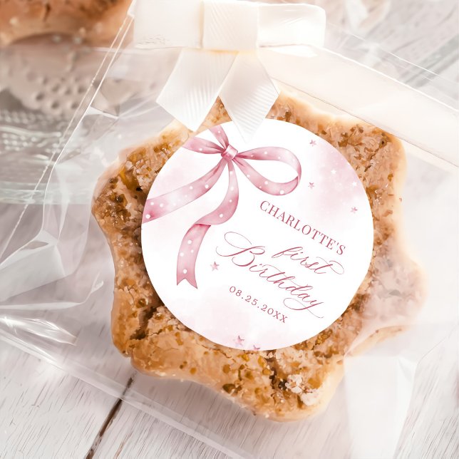 Pink Bow Girl 1st Birthday Party Classic Round Sticker (Creator Uploaded)