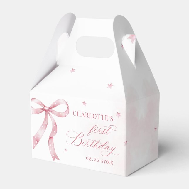 Pink Bow Girl 1st Birthday Party Favour Box (Front Side)