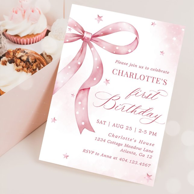 Pink Bow Girl 1st Birthday Party Invitation (Creator Uploaded)