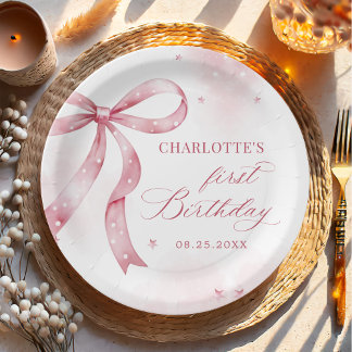 Pink Bow Girl 1st Birthday Party Paper Plate