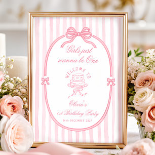 Pink Bow Girl 1st Birthday Welcome Poster