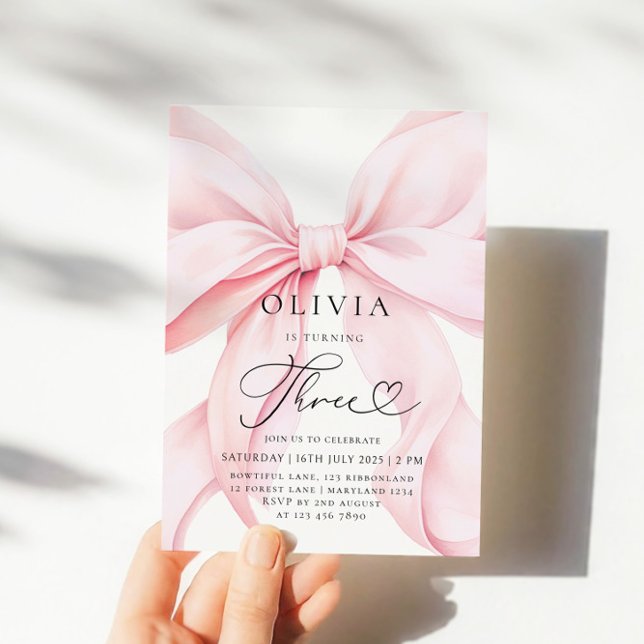 Pink Bow Girl 3rd Birthday  Invitation (Creator Uploaded)