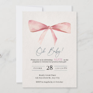 Pink Bow Girl Baby Shower Invitation