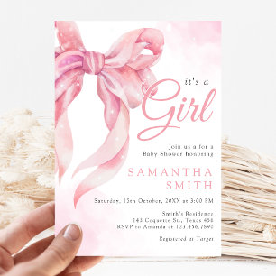 Pink Bow Girl Baby Shower Invitation