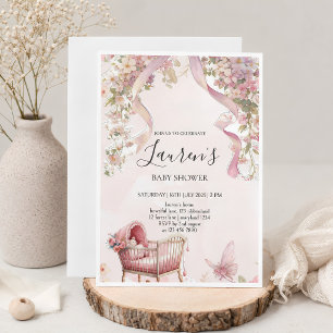 Pink Bow Girl Baby Shower Invitation