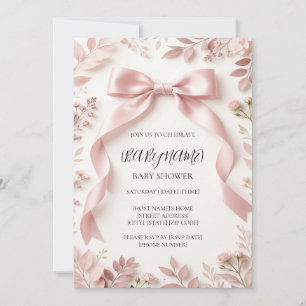 Pink Bow Girl Baby Shower Invitation, Personalised Invitation