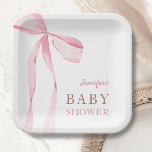 Pink Bow Girl Baby Shower Paper Plate
