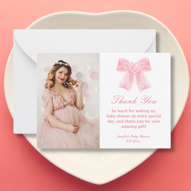  pink bow girl baby shower photo thank you card (Creator Uploaded)