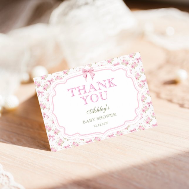 Pink Bow Girl Baby Shower Thank You Card (Creator Uploaded)