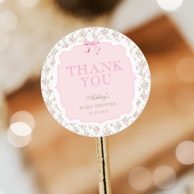 Pink Bow Girl Baby Shower Thank You Classic Round Sticker (Creator Uploaded)