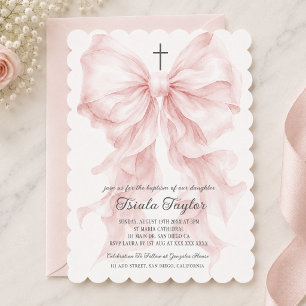 Pink Bow Girl Baptism Invitation