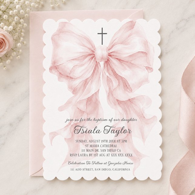 Pink Bow Girl Baptism Invitation (Creator Uploaded)