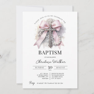 Pink Bow Girl Baptism Invitation Cross & Rosary