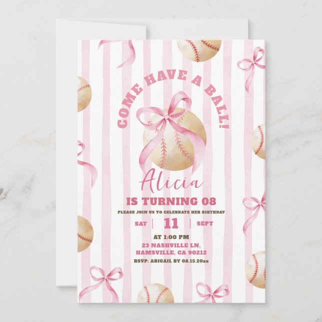 Pink Bow Girl Baseball Game Time Birthday Invitation (Front)