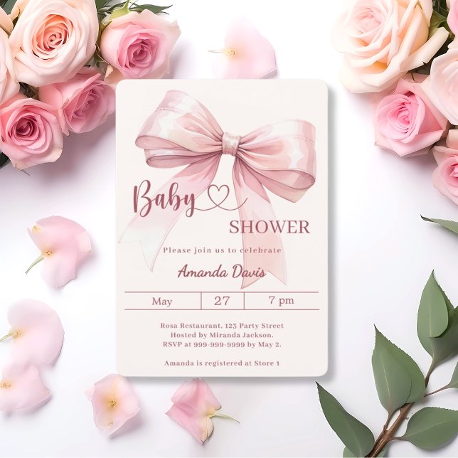 Pink bow girl beige cream Baby Shower Invitation (Creator Uploaded)