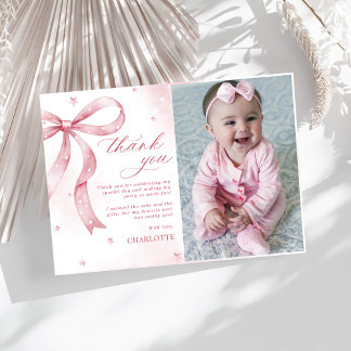 Pink Bow Girl Birthday Party Thank You Card