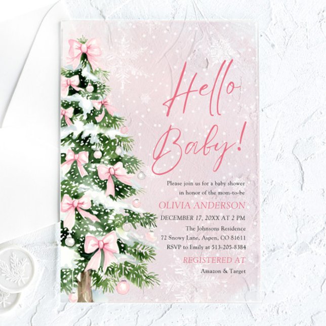 Pink Bow Girl Christmas Hello Baby Baby Shower Acrylic Invitations (Pink Bow Girl Christmas Hello Baby Baby Shower Acrylic Invitation)