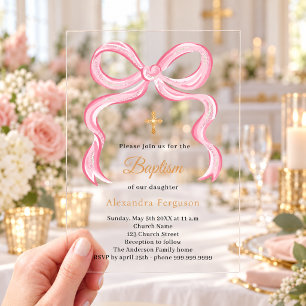 Pink bow girl clear luxury Baptism Acrylic Invitations