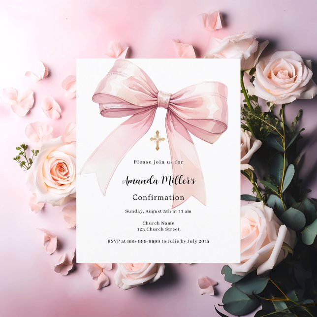 Pink bow girl Confirmation invitation (Creator Uploaded)