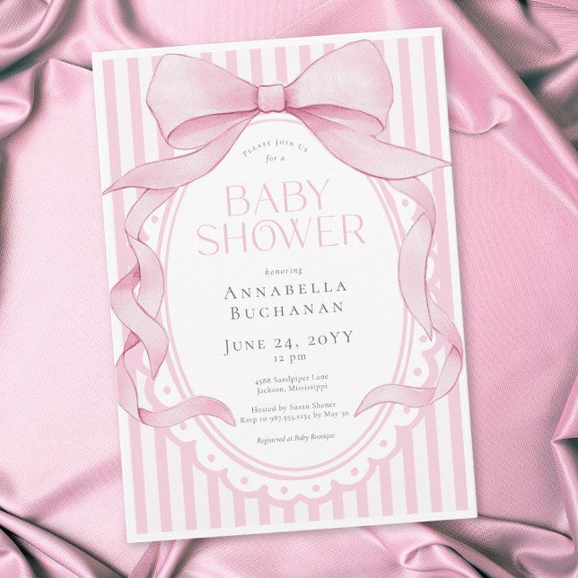 Pink Bow Girl Coquette Striped Baby Shower  Invitation (Creator Uploaded)