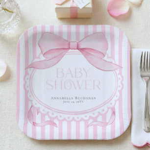 Pink Bow Girl Coquette Striped Baby Shower  Paper Plate