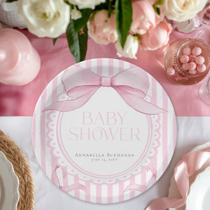 Pink Bow Girl Coquette Striped Baby Shower  Paper Plate
