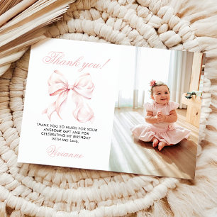 Pink Bow Girl First Birthday Flat Thank You Card