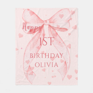 Pink Bow Girl First Birthday Fleece Blanket