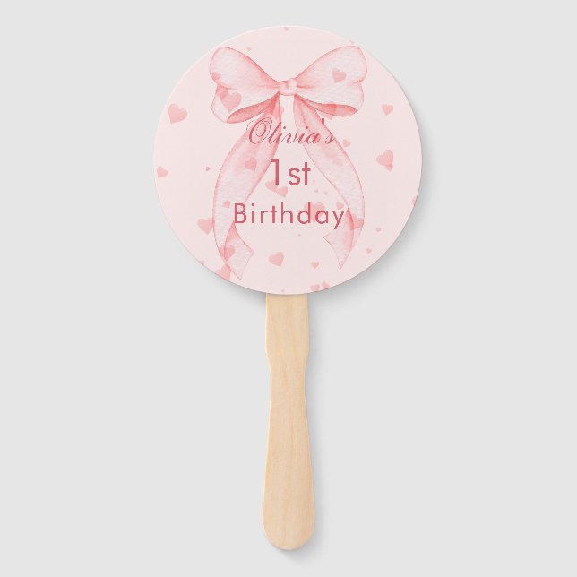 Pink Bow Girl First Birthday  Hand Fan (Front)