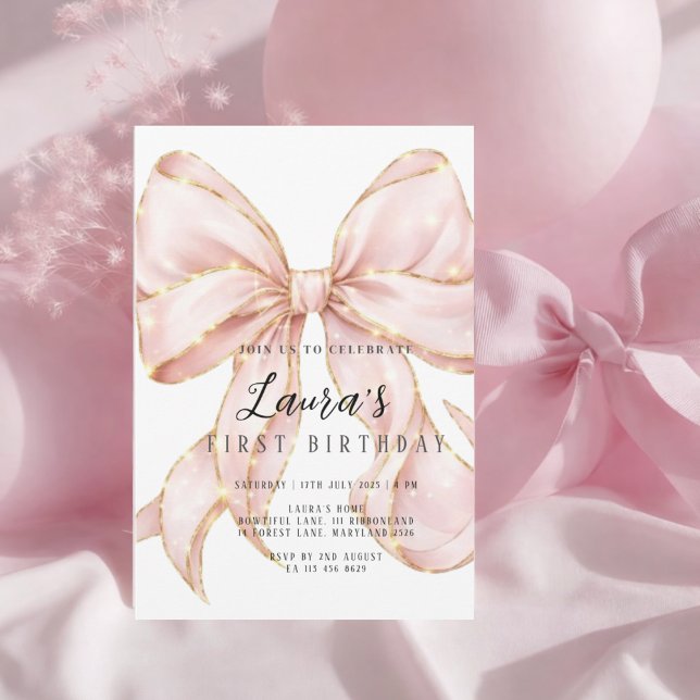 Pink Bow Girl First Birthday  Invitation (Creator Uploaded)