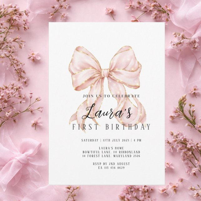 Pink Bow Girl First Birthday  Invitation (Creator Uploaded)