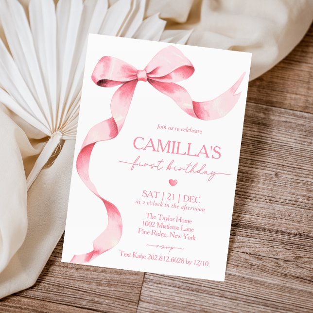 Pink Bow Girl First Birthday Invitation (Creator Uploaded)