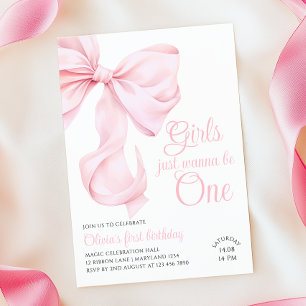 Pink Bow Girl First Birthday Invitation