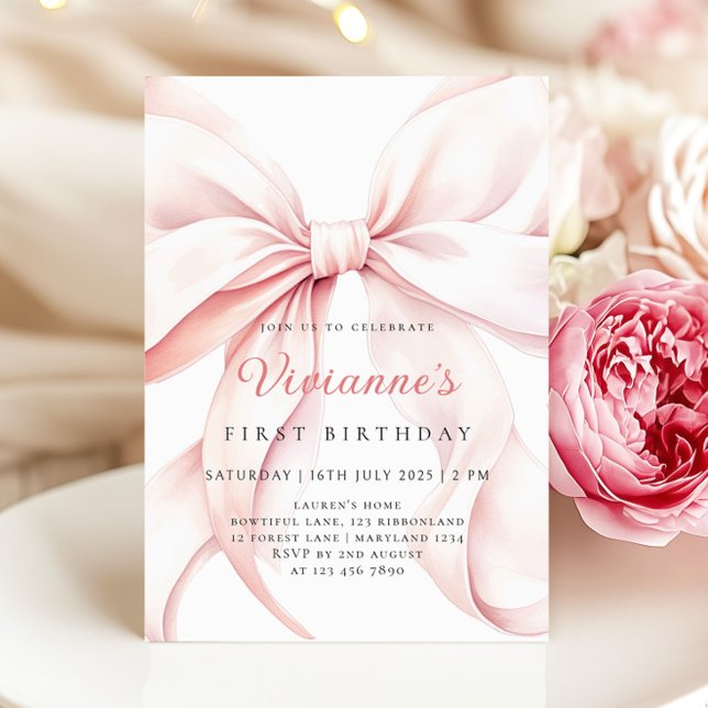 Pink Bow Girl First Birthday  Invitation (Creator Uploaded)