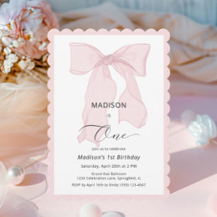 Pink Bow Girl First Birthday Invitation