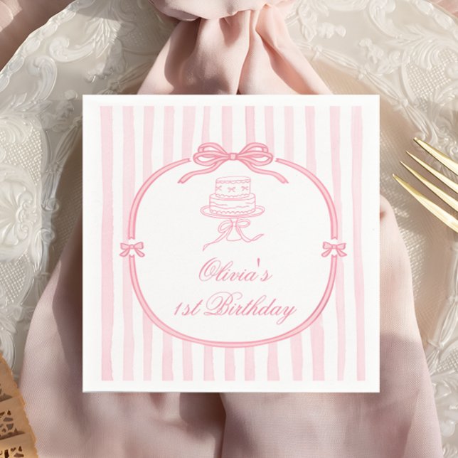 Pink Bow Girl First Birthday Napkin (Creator Uploaded)