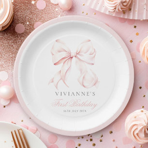 Pink Bow Girl First Birthday Paper Plate