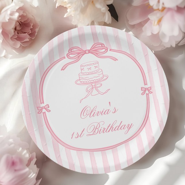 Pink Bow Girl First Birthday Paper Plate (Creator Uploaded)