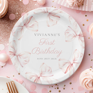 Pink Bow Girl First Birthday Paper Plate