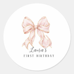 Pink Bow Girl First Birthday Party  Classic Round Sticker