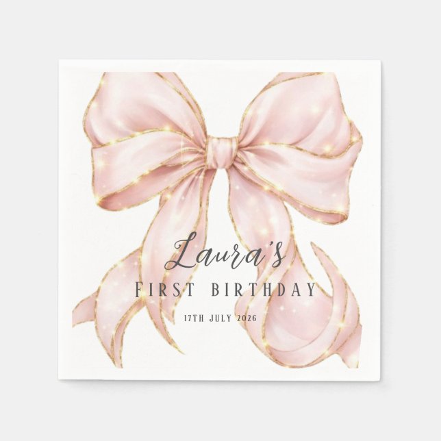 Pink Bow Girl First Birthday Party  Napkin (Front)