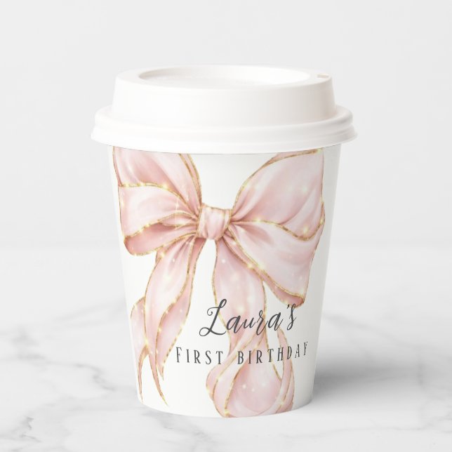 Pink Bow Girl First Birthday Party  Paper Cups (Front)