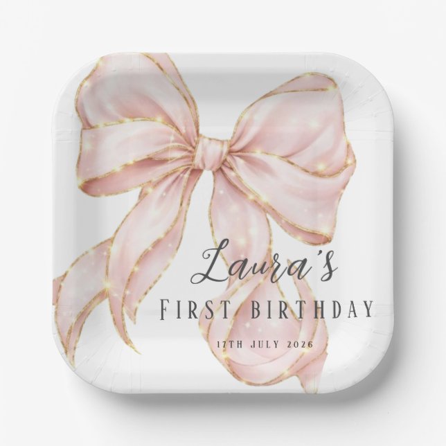 Pink Bow Girl First Birthday Party  Paper Plate (Front)
