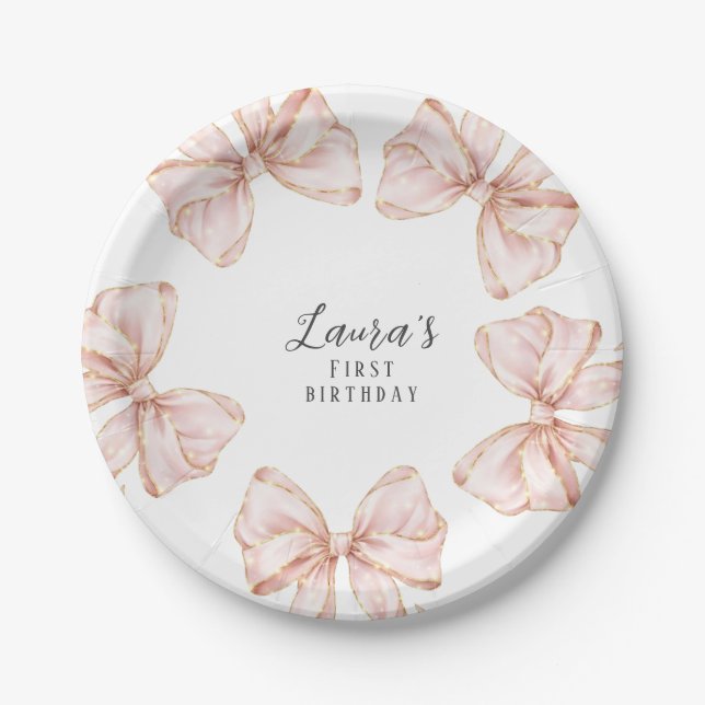 Pink Bow Girl First Birthday Party  Paper Plate (Front)