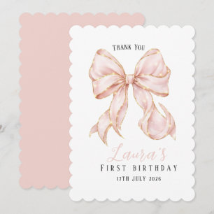 Pink Bow Girl First Birthday Party  Thank You Card