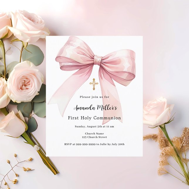 Pink bow girl First Communion invitation (Creator Uploaded)