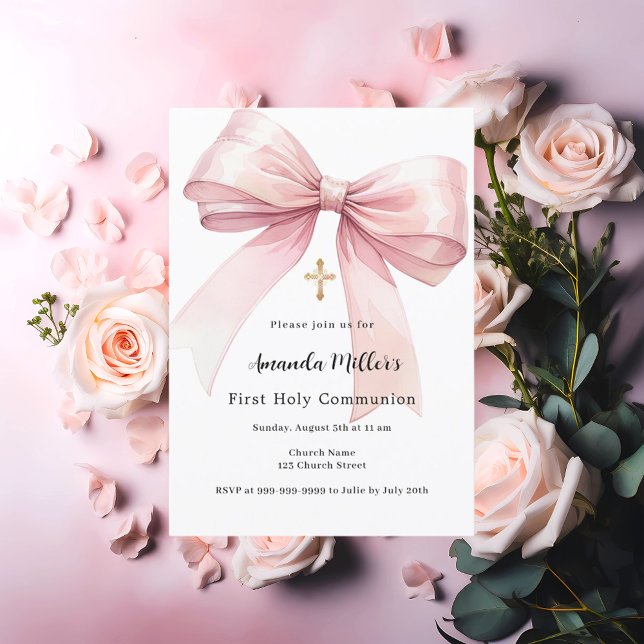Pink bow girl First Communion Invitation (Creator Uploaded)