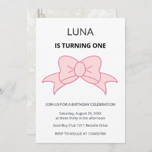 Pink Bow Girl Kids 1st Birthday  Invitation
